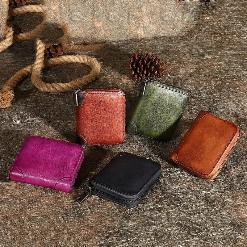 Vintage Women Purple Leather Small Wallet Zip Around Bifold Billfold Wallet with Coin Pocket For Women