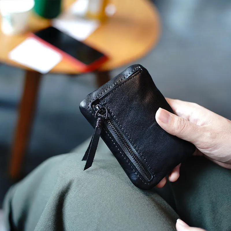 Vintage Women Small Coffee Leather Zip Coin Pouch Mini Coin Wallet Change Wallet For Women