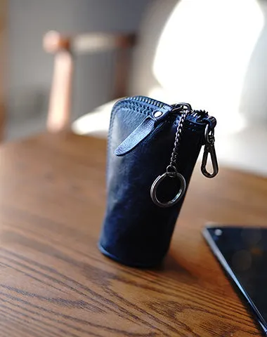 Vintage Women Tan Leather Zip Key Wallet Car Key Holder Coin Wallet Coin Pouch Change Wallet For Women
