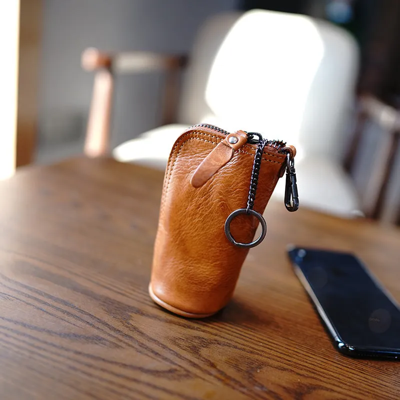 Vintage Women Tan Leather Zip Key Wallet Car Key Holder Coin Wallet Coin Pouch Change Wallet For Women