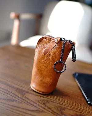 Vintage Women Tan Leather Zip Key Wallet Car Key Holder Coin Wallet Coin Pouch Change Wallet For Women