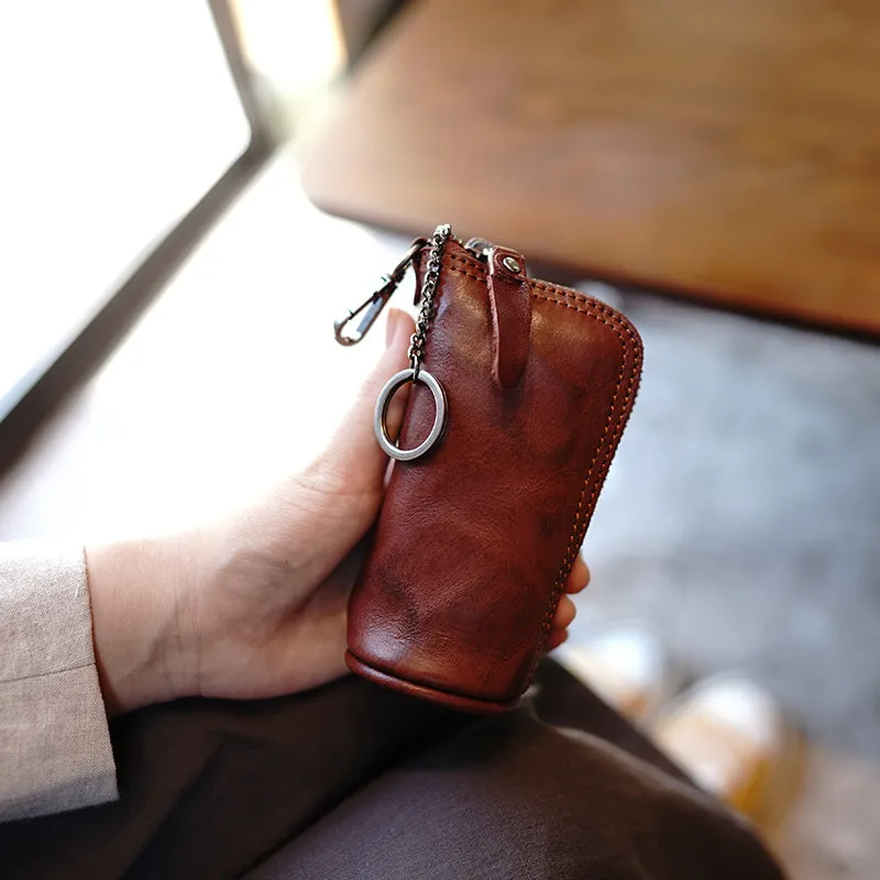 Vintage Women Tan Leather Zip Key Wallet Car Key Holder Coin Wallet Coin Pouch Change Wallet For Women
