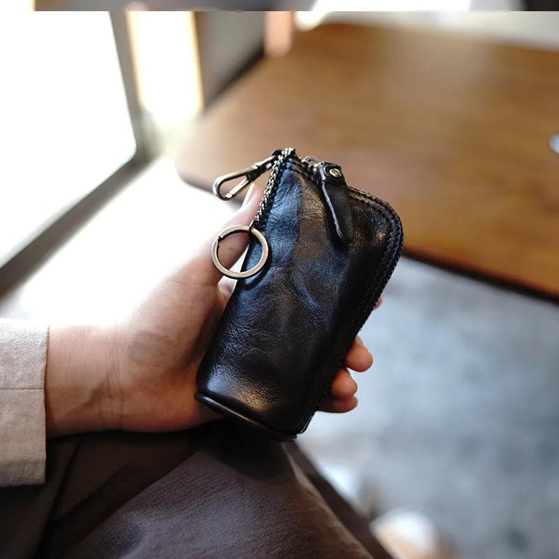 Vintage Women Tan Leather Zip Key Wallet Car Key Holder Coin Wallet Coin Pouch Change Wallet For Women
