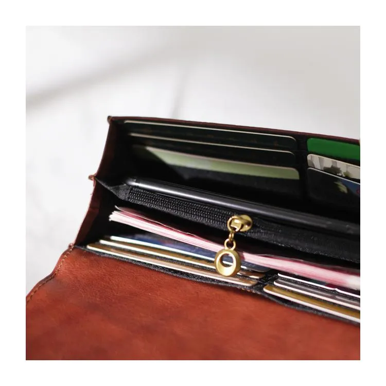 Vintage Womens Best Brown Leather Long Wallet Checkbook Wallet Cards Holder Wallet Purse for Ladies