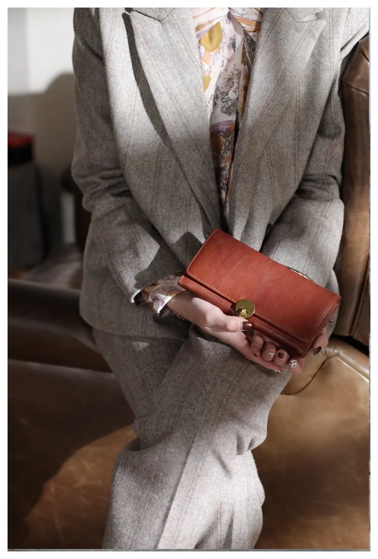 Vintage Womens Best Brown Leather Long Wallet Checkbook Wallet Cards Holder Wallet Purse for Ladies