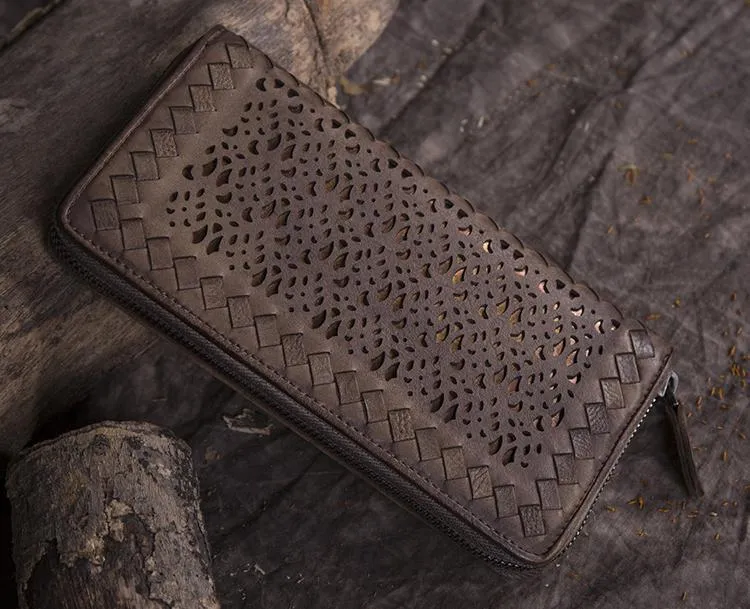 Vintage Womens Black Leather Long Wallet Clutch Brown Zipper Long Woven Wallet Purses for Ladies