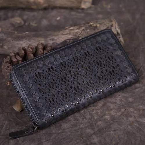 Vintage Womens Black Leather Long Wallet Clutch Brown Zipper Long Woven Wallet Purses for Ladies