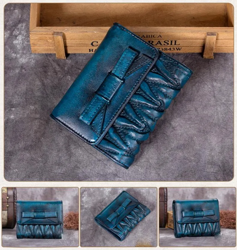 Vintage Womens Blue Leather Bowknot Cute Small Wallet Brown Trifold billfold Wallet for Ladies