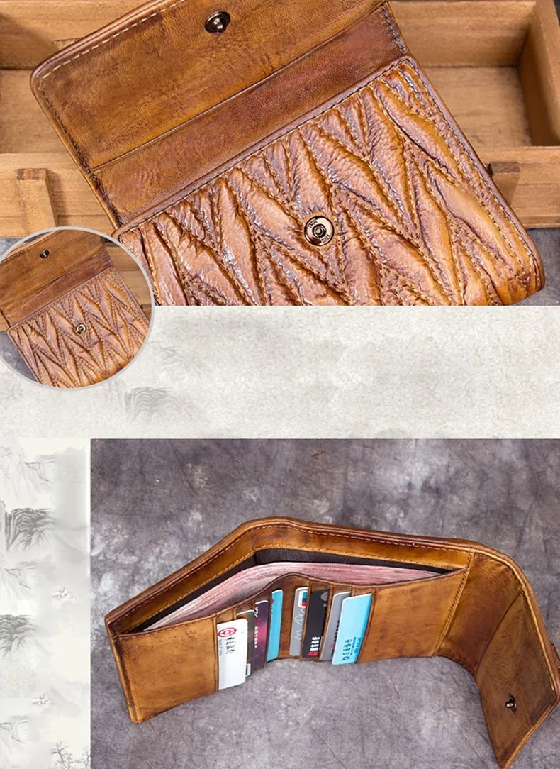 Vintage Womens Blue Leather Bowknot Cute Small Wallet Brown Trifold billfold Wallet for Ladies