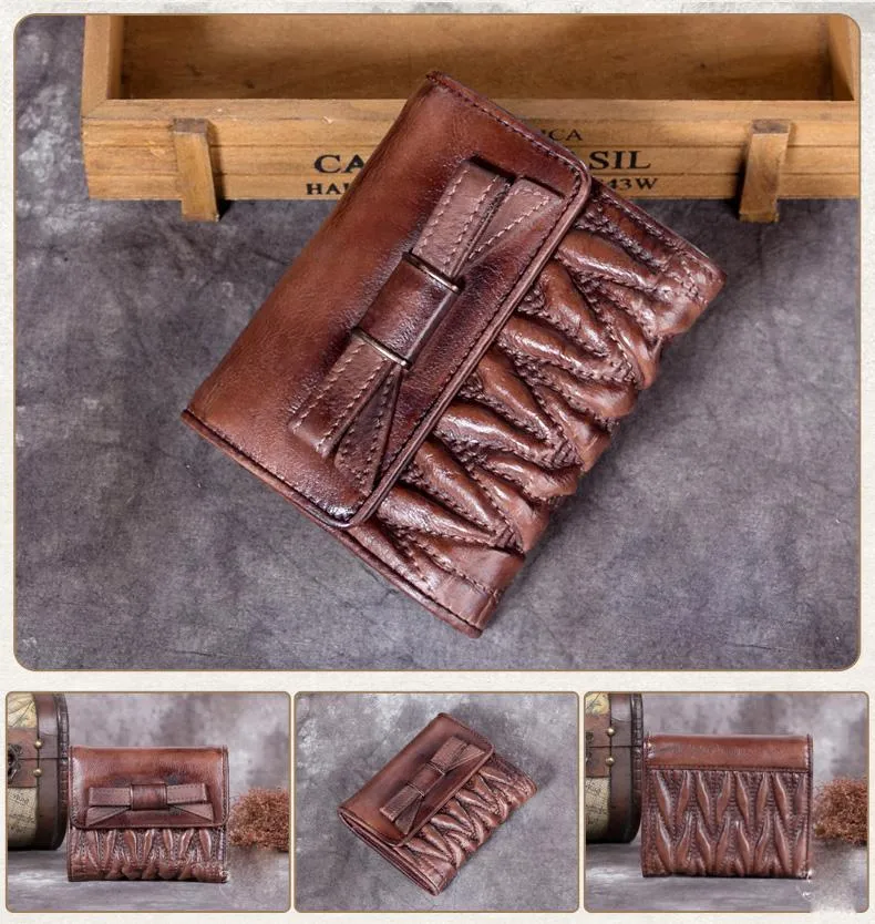 Vintage Womens Blue Leather Bowknot Cute Small Wallet Brown Trifold billfold Wallet for Ladies