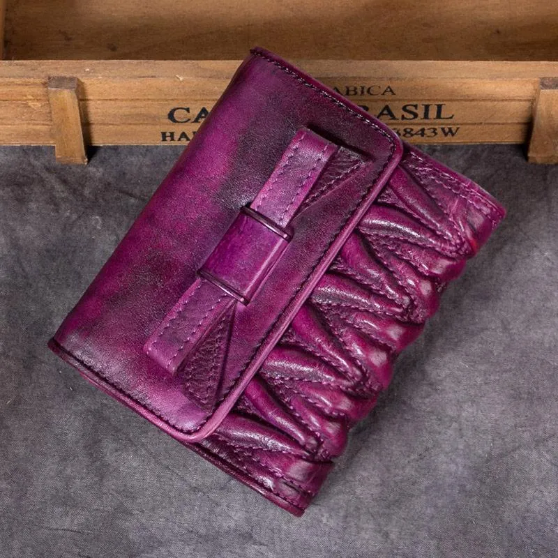 Vintage Womens Blue Leather Bowknot Cute Small Wallet Brown Trifold billfold Wallet for Ladies