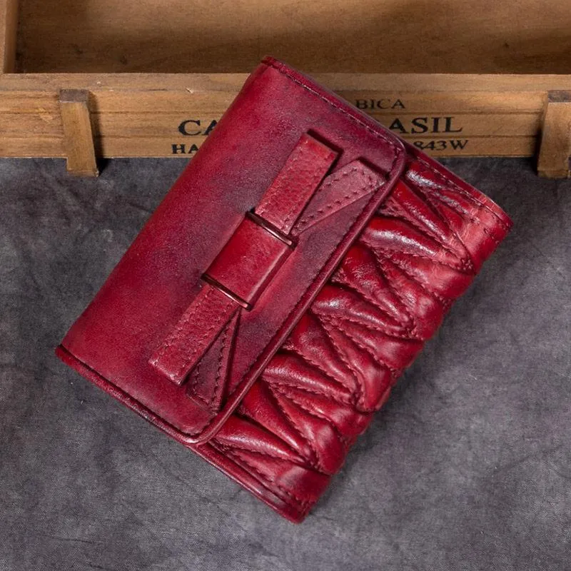 Vintage Womens Blue Leather Bowknot Cute Small Wallet Brown Trifold billfold Wallet for Ladies