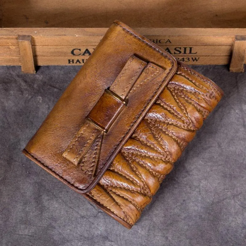 Vintage Womens Blue Leather Bowknot Cute Small Wallet Brown Trifold billfold Wallet for Ladies