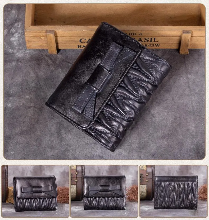 Vintage Womens Blue Leather Bowknot Cute Small Wallet Brown Trifold billfold Wallet for Ladies