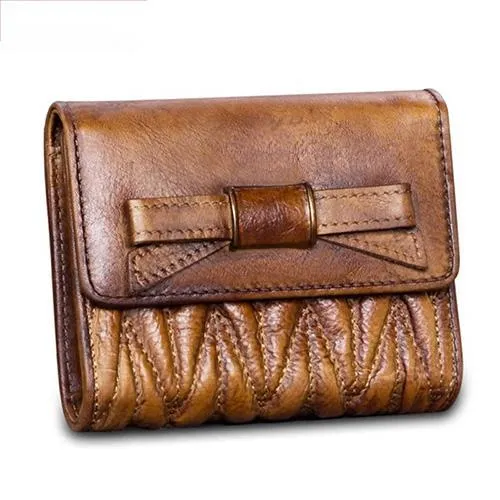 Vintage Womens Blue Leather Bowknot Cute Small Wallet Brown Trifold billfold Wallet for Ladies