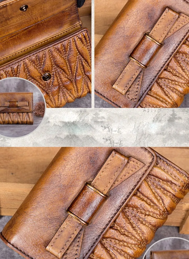 Vintage Womens Blue Leather Bowknot Cute Small Wallet Brown Trifold billfold Wallet for Ladies