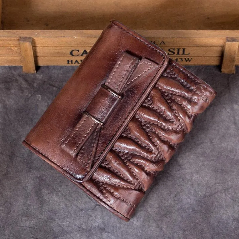 Vintage Womens Blue Leather Bowknot Cute Small Wallet Brown Trifold billfold Wallet for Ladies