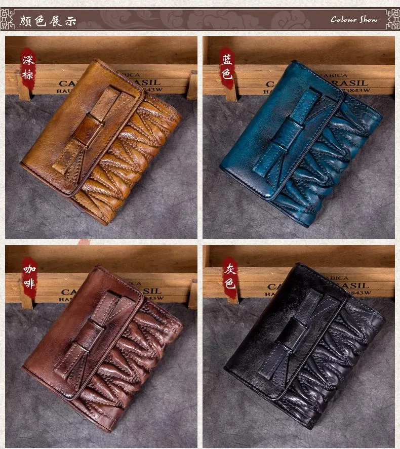 Vintage Womens Blue Leather Bowknot Cute Small Wallet Brown Trifold billfold Wallet for Ladies