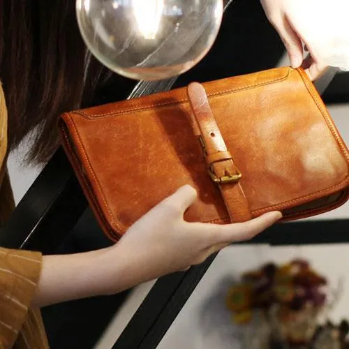 Vintage Womens Brown Leather Long Wallet Clutch Wallet Large Brown Clutch Purse