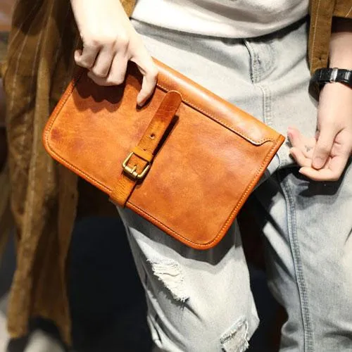 Vintage Womens Brown Leather Long Wallet Clutch Wallet Large Brown Clutch Purse