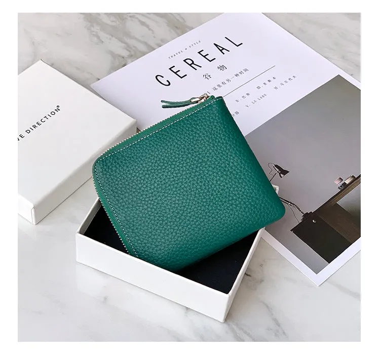 Women Green Leather Small Wallet BILLFOLD Minimalist Zip Small Wallet Slim Zipper Wallet For Women