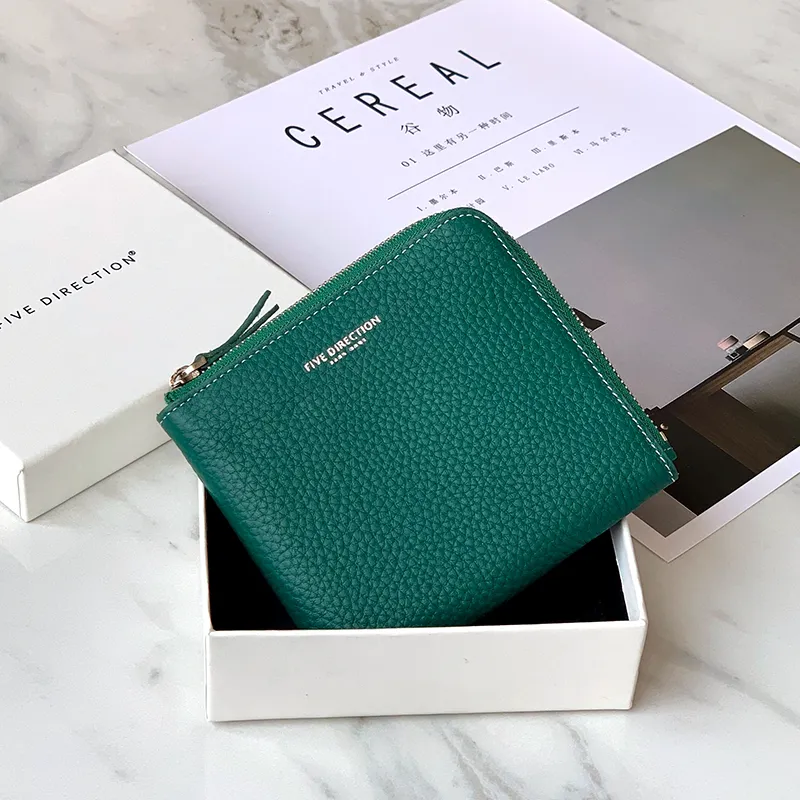 Women Green Leather Small Wallet BILLFOLD Minimalist Zip Small Wallet Slim Zipper Wallet For Women