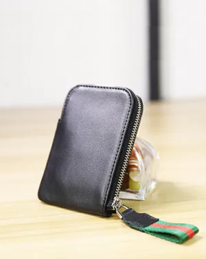 Women Leather Mini Zip Wallet Black Billfold Slim Coin Wallet Small Zip Change Wallet For Women