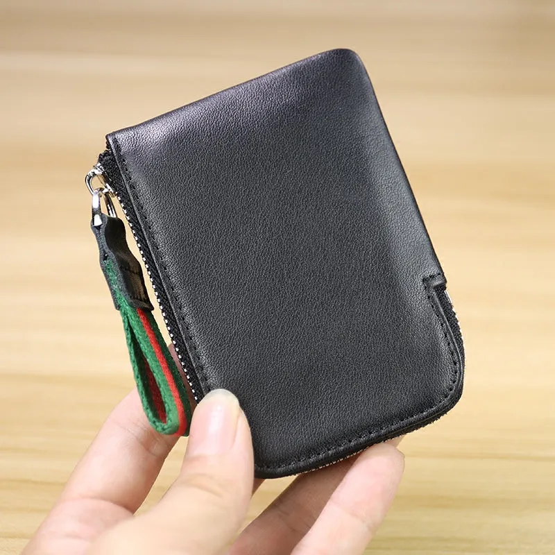 Women Leather Mini Zip Wallet Black Billfold Slim Coin Wallet Small Zip Change Wallet For Women
