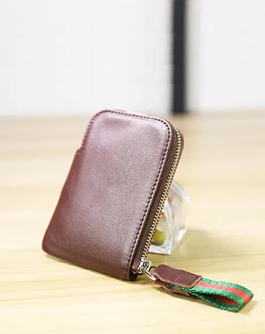 Women Leather Mini Zip Wallet Yellow Brown Billfold Slim Coin Wallet Small Zip Change Wallet For Women