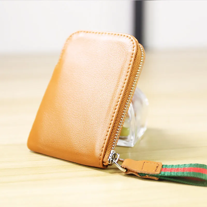 Women Leather Mini Zip Wallet Yellow Brown Billfold Slim Coin Wallet Small Zip Change Wallet For Women