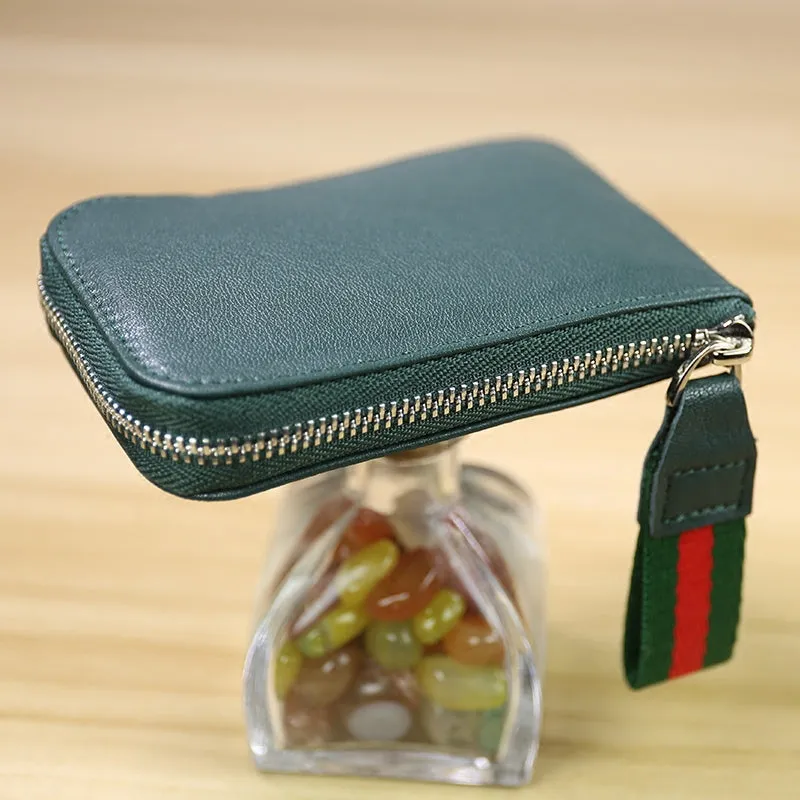 Women Leather Mini Zip Wallet Yellow Brown Billfold Slim Coin Wallet Small Zip Change Wallet For Women