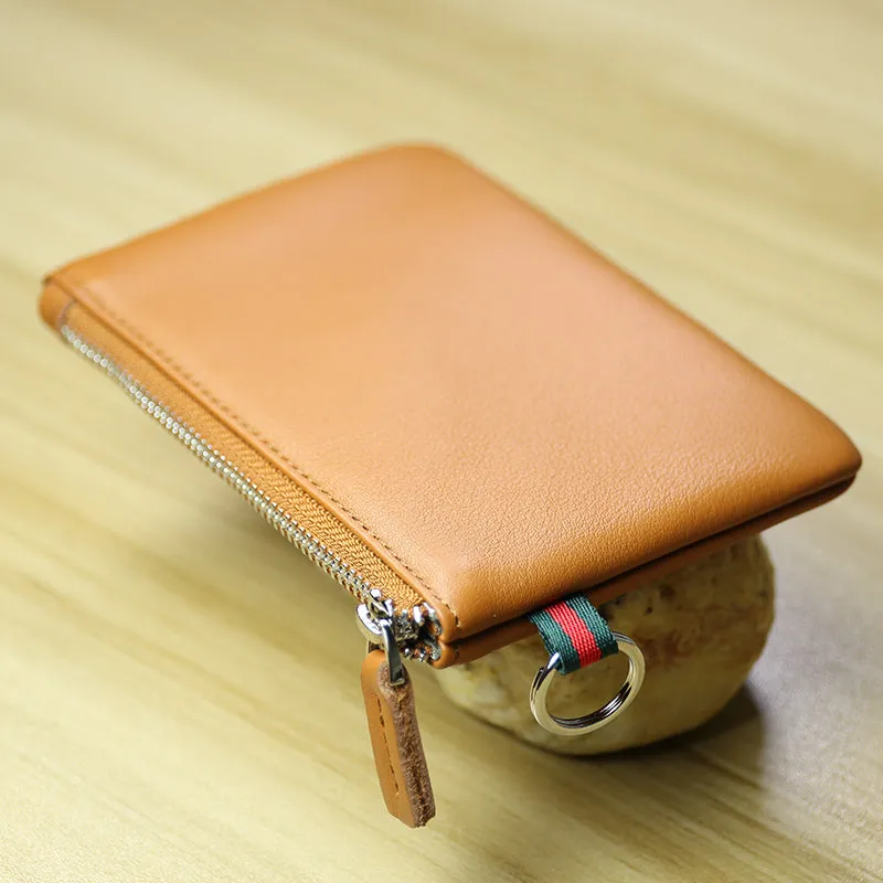 Women Tan Leather Mini Zip Wallet with Keychain Billfold Slim Coin Wallet Small Zip Change Wallet For Women