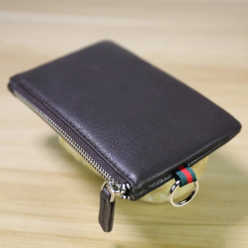 Women Tan Leather Mini Zip Wallet with Keychain Billfold Slim Coin Wallet Small Zip Change Wallet For Women