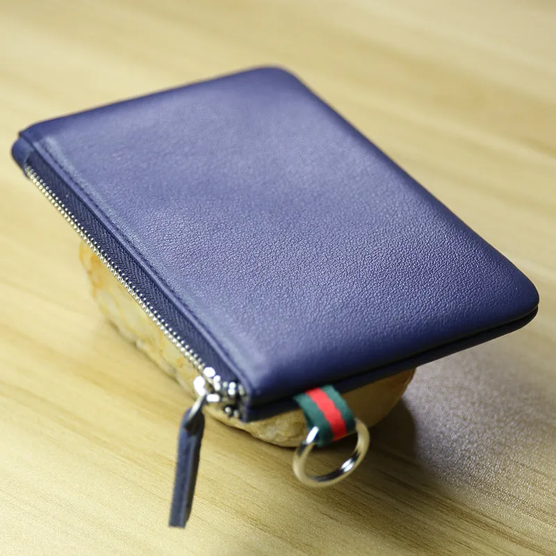 Women Tan Leather Mini Zip Wallet with Keychain Billfold Slim Coin Wallet Small Zip Change Wallet For Women