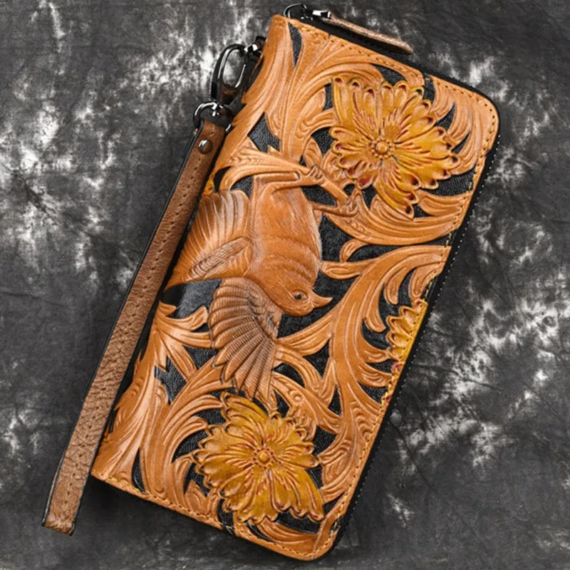 Womens Bird Floral Tan Leather Wristlet Wallet Zip Around Wallets Floral Ladies Zipper Clutch Wallet for Women