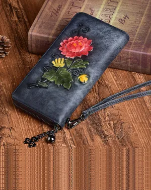Womens Black Leather Zip Around Wallet Chrysanthemum Flower Wristlet Wallet Floral Ladies Zipper Clutch Wallet for Women