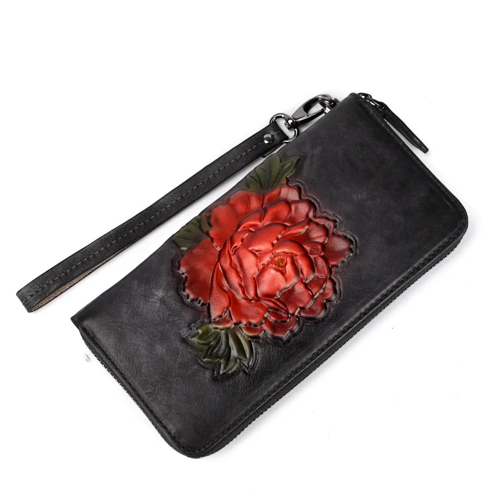 Womens Black Leather Zip Around Wallet Peony Flower Wristlet Wallet Floral Ladies Zipper Clutch Wallet for Women
