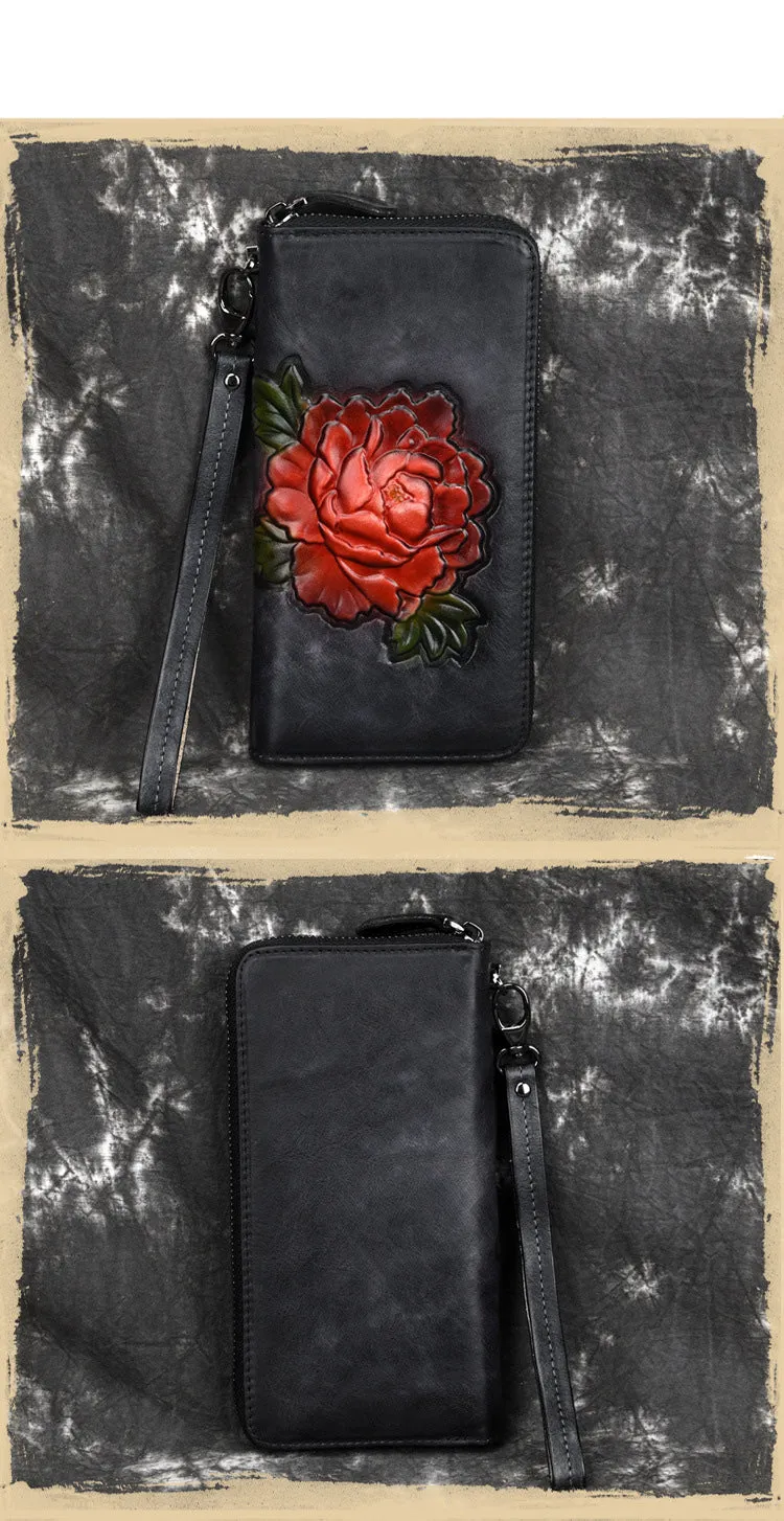 Womens Black Leather Zip Around Wallet Peony Flower Wristlet Wallet Floral Ladies Zipper Clutch Wallet for Women