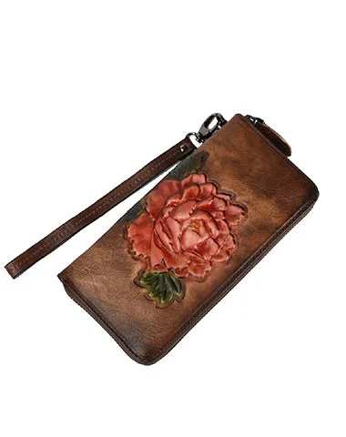 Womens Black Leather Zip Around Wallet Peony Flower Wristlet Wallet Floral Ladies Zipper Clutch Wallet for Women