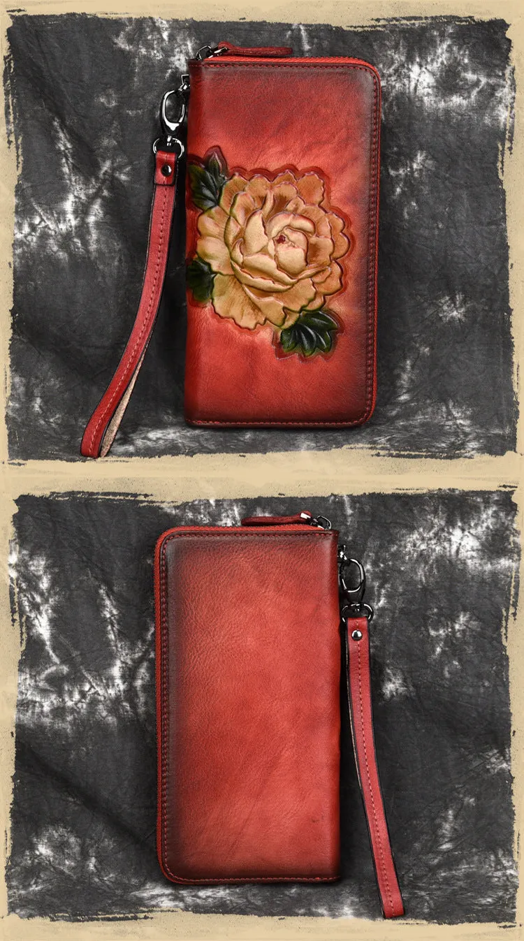 Womens Black Leather Zip Around Wallet Peony Flower Wristlet Wallet Floral Ladies Zipper Clutch Wallet for Women
