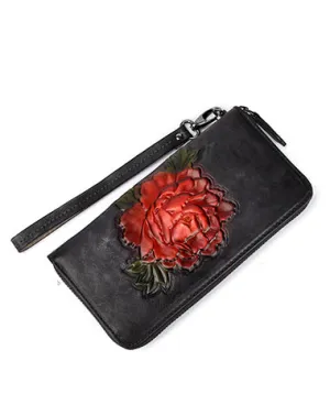 Womens Black Leather Zip Around Wallet Peony Flower Wristlet Wallet Floral Ladies Zipper Clutch Wallet for Women