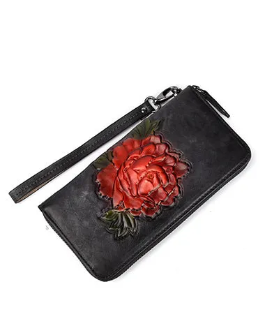 Womens Black Leather Zip Around Wallet Peony Flower Wristlet Wallet Floral Ladies Zipper Clutch Wallet for Women