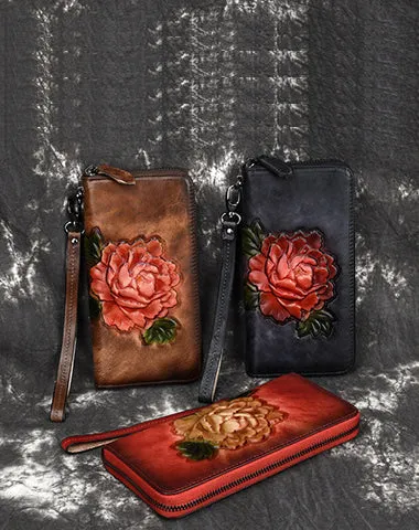 Womens Black Leather Zip Around Wallet Peony Flower Wristlet Wallet Floral Ladies Zipper Clutch Wallet for Women