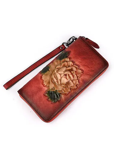 Womens Black Leather Zip Around Wallet Peony Flower Wristlet Wallet Floral Ladies Zipper Clutch Wallet for Women