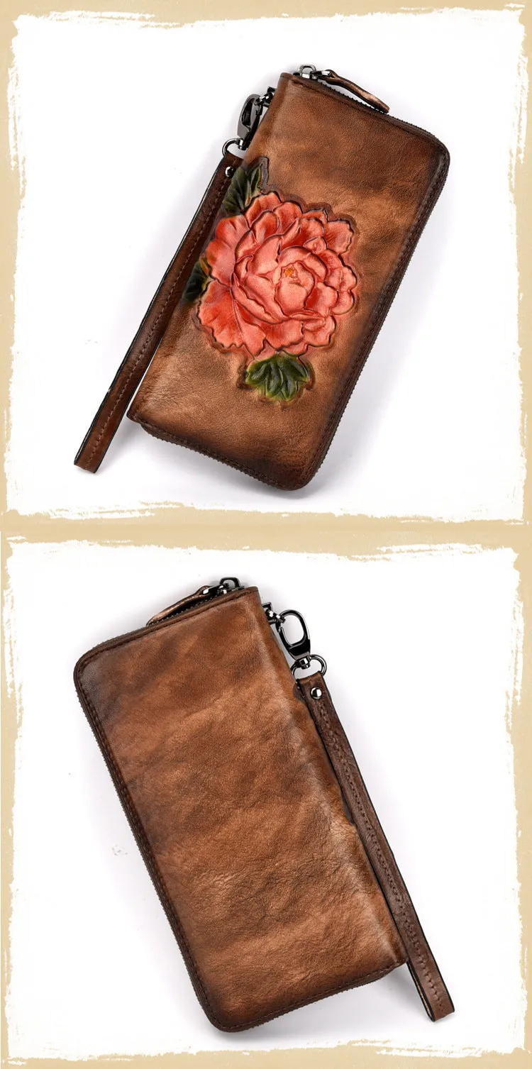 Womens Black Leather Zip Around Wallet Peony Flower Wristlet Wallet Floral Ladies Zipper Clutch Wallet for Women
