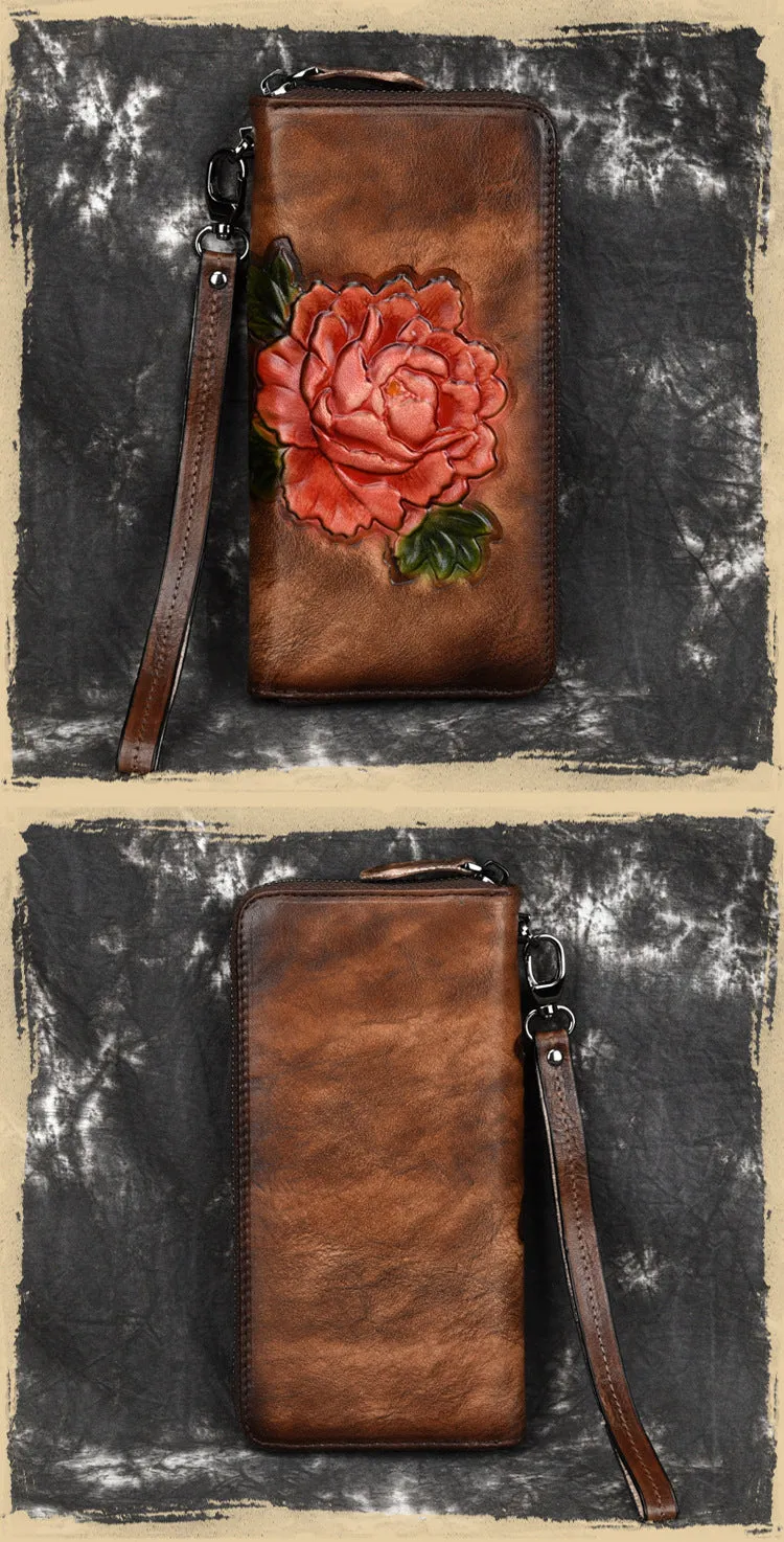 Womens Black Leather Zip Around Wallet Peony Flower Wristlet Wallet Floral Ladies Zipper Clutch Wallet for Women