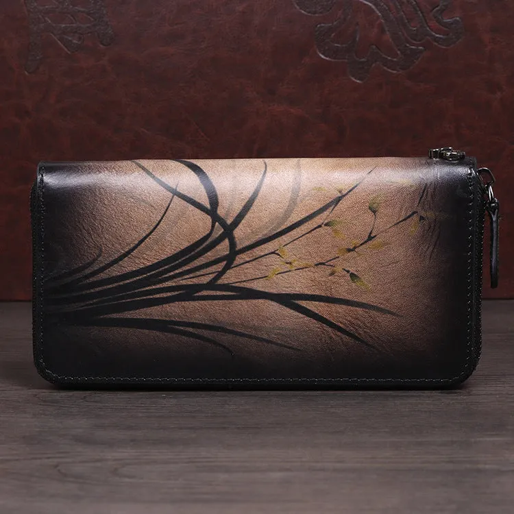 Womens Black Leather Zip Around Wallet Wash Painting Flowers Wristlet Wallet Ladies Zipper Clutch Wallet for Women