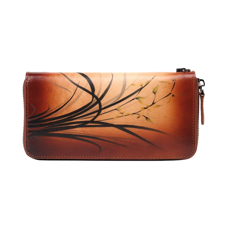 Womens Black Leather Zip Around Wallet Wash Painting Flowers Wristlet Wallet Ladies Zipper Clutch Wallet for Women