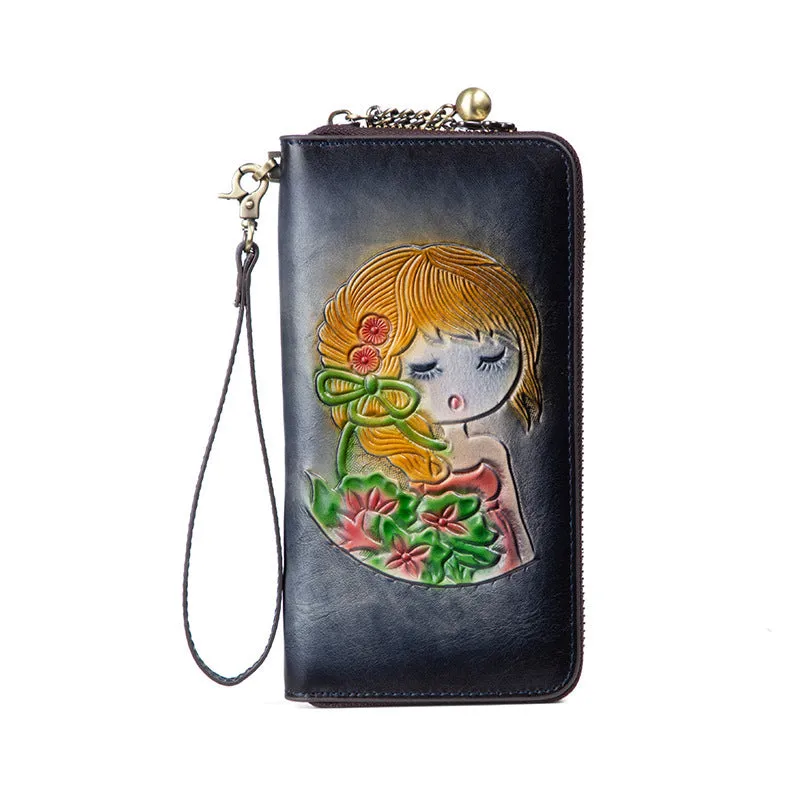 Womens Black Leather Zip Around Wallets Singing Girl Wristlet Wallets Flower Ladies Zipper Clutch Wallet for Women