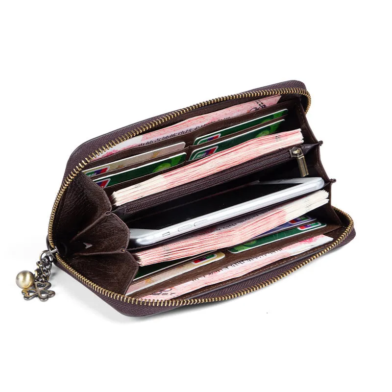 Womens Black Leather Zip Around Wallets Singing Girl Wristlet Wallets Flower Ladies Zipper Clutch Wallet for Women